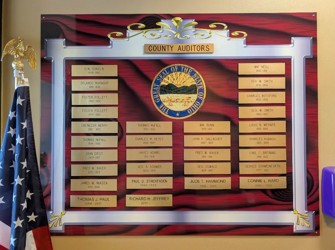 County Auditors plaque board in the Erie County Auditor's office listing every auditor since the 1830s, with Richard H. Jeffrey serving since 2011