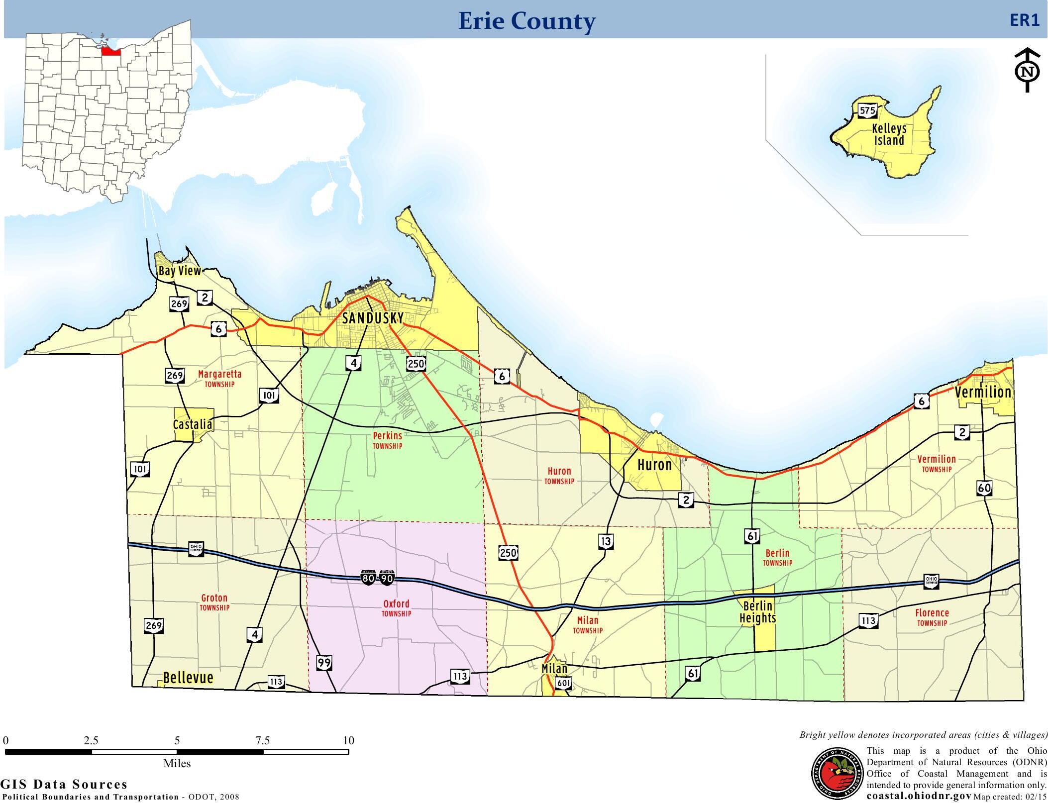 Map of Erie County, Ohio showing Sandusky, Huron, Milan, Perkins Township, Castalia, and surrounding communities